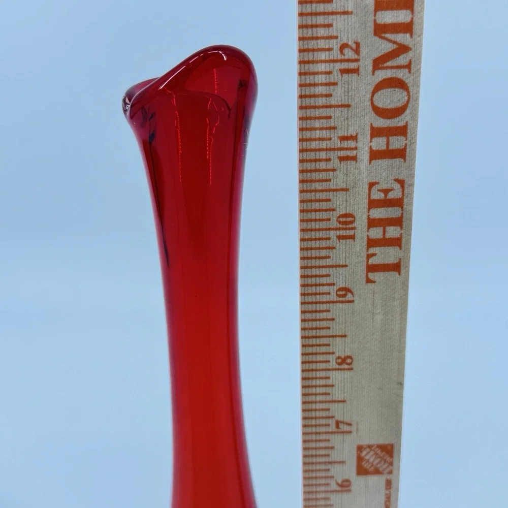 Vintage Red Orange Art Glass Vase Hand Blown Sculptural Flared Rim 12